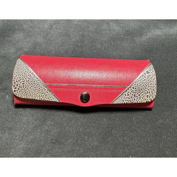 Vintage 1950s Red Hard Shell Leather Eyeglass Case Black Speckled Velvet Lined